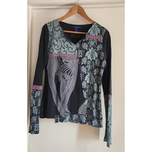 Vtg CIRQUE DU SOLEIL XL 16 Asymmetrical V Neck Graphic Print Patchwork Shirt - Picture 1 of 4